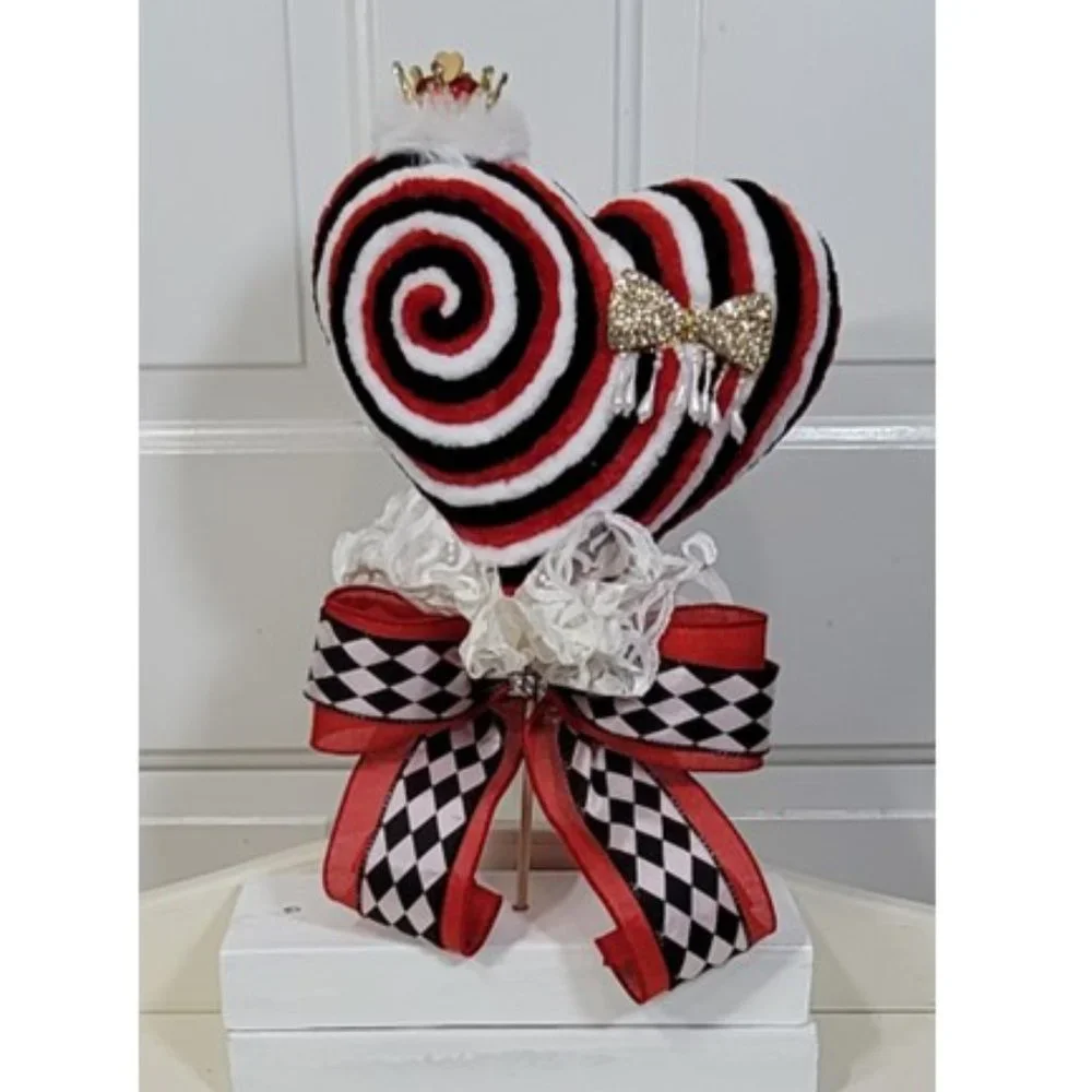 Hearts Decorative Velvety Yarn Red, Black & White Heart w Crown Lollipop & Bow‎
